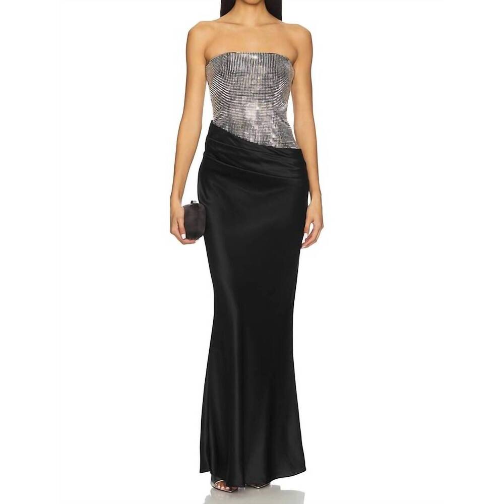 Retrofete Silver Sequin Strapless Bodice with Black Satin Maxi Skirt NWT